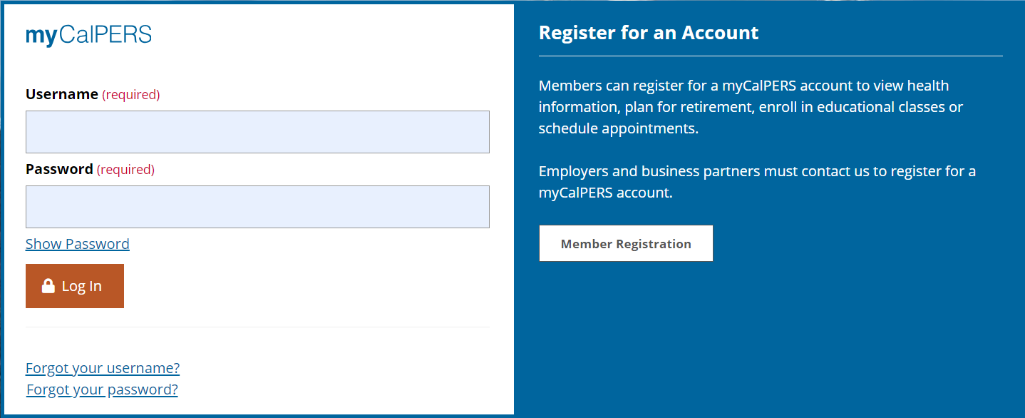 myCalPERS.ca.gov login page screenshot.