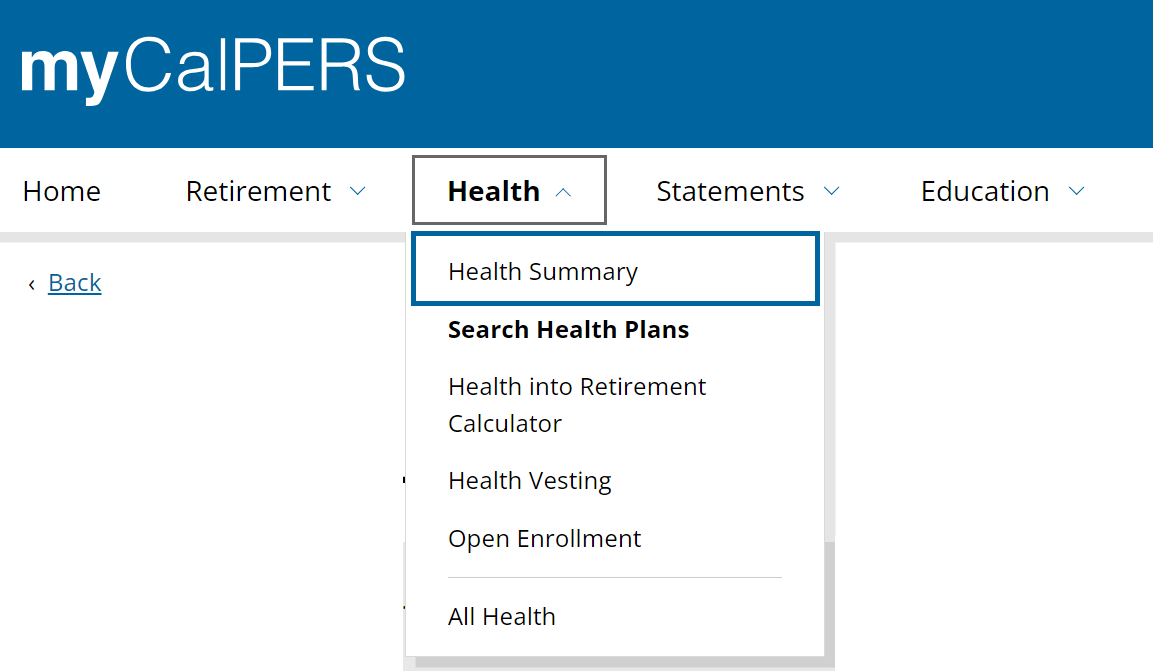 myCalPERS.ca.gov home screen with health summary under the health tab called out with a blue rectangle.