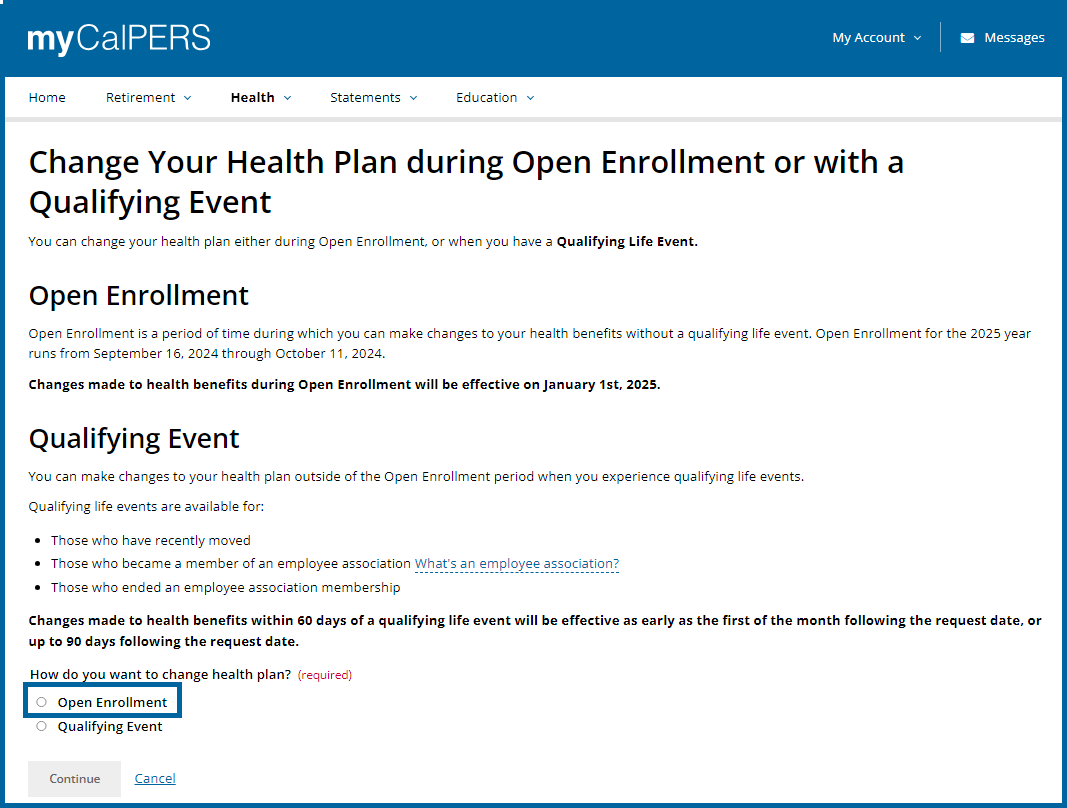 myCalPERS.ca.gov Change Your Health Plan During Open Enrollment or with a Qualifying Event page with Open Enrollment plan button called out with a blue rectangle.